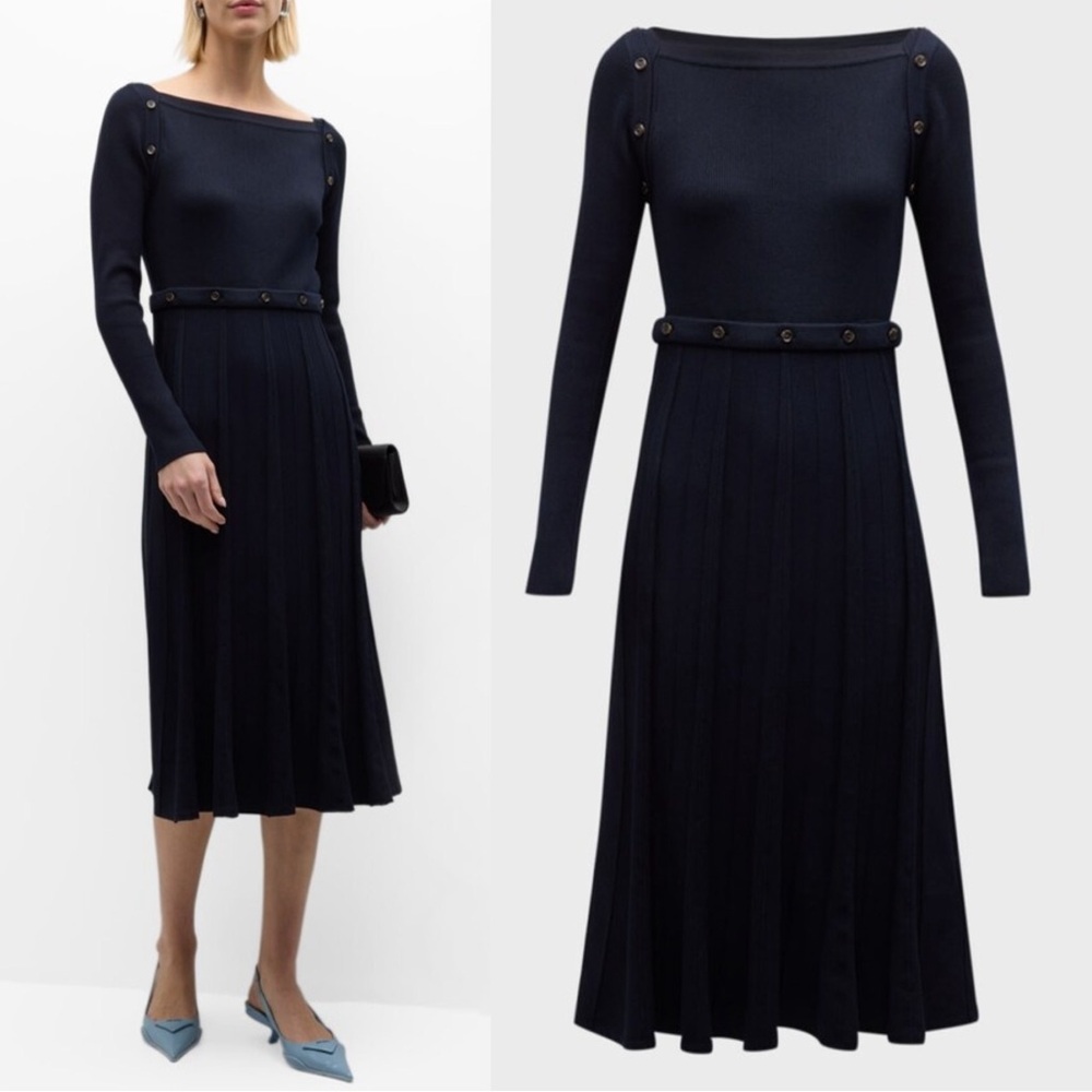 Adeam Gemma Button Long Sleeve Pleated Knit Midi Dress Size Medium NWT Midnight